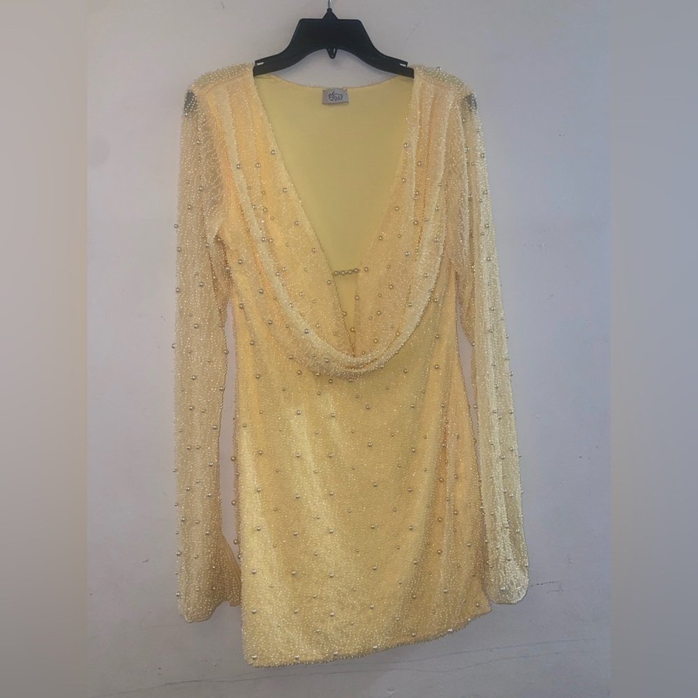 Oh Polly Embellished Long Sleeve Deep Plunge Mini Dress in Yellow